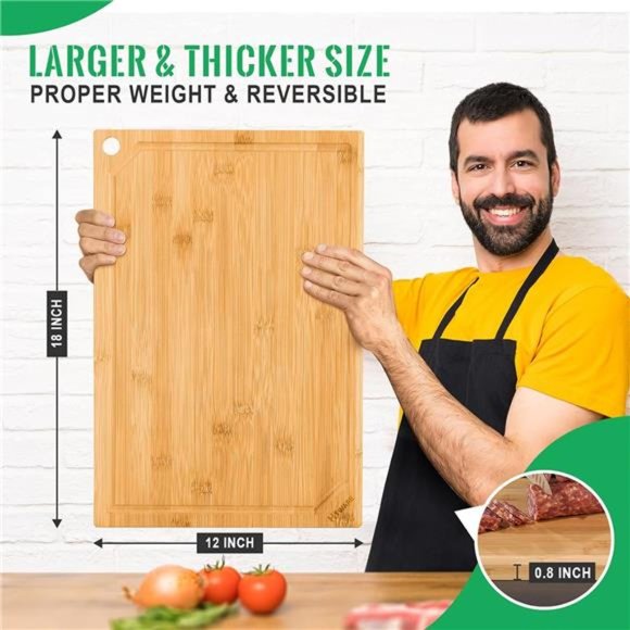 Extra Large Bamboo Cutting Board, Heavy Duty Wood Cutting Boards, 18" x 12" - Picture 3 of 8